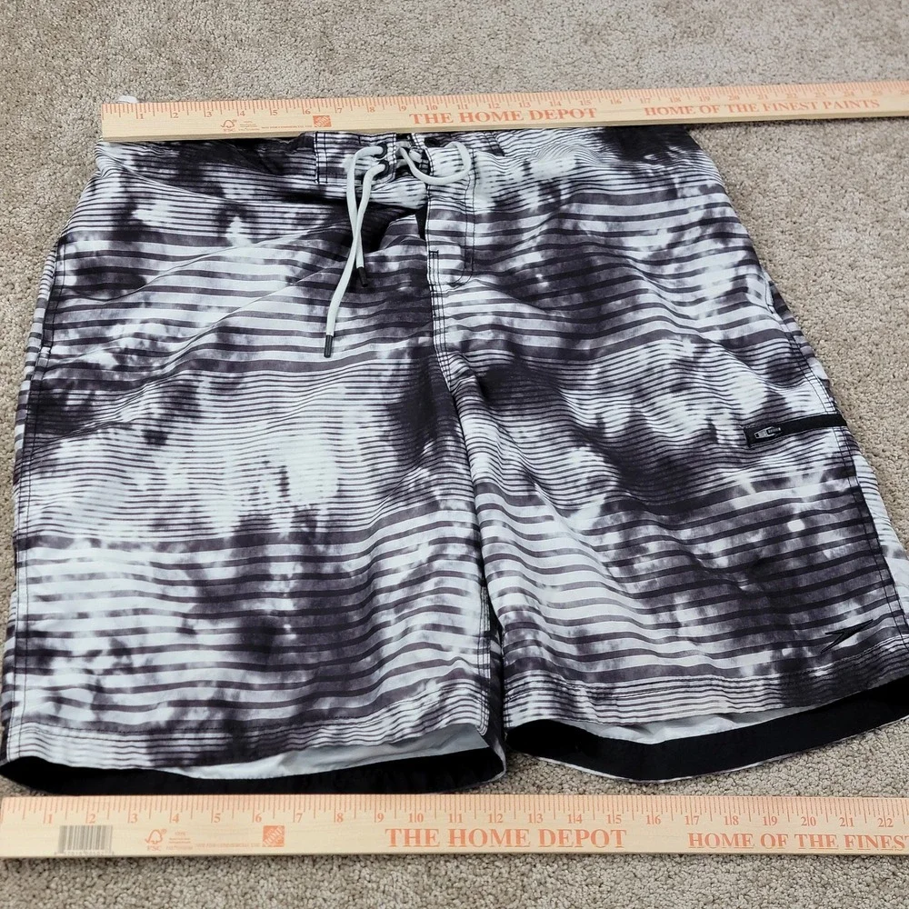 Speedo Mens XXL Board Shorts Black White Tie Dye Striped Swim Trunks Mesh Lining